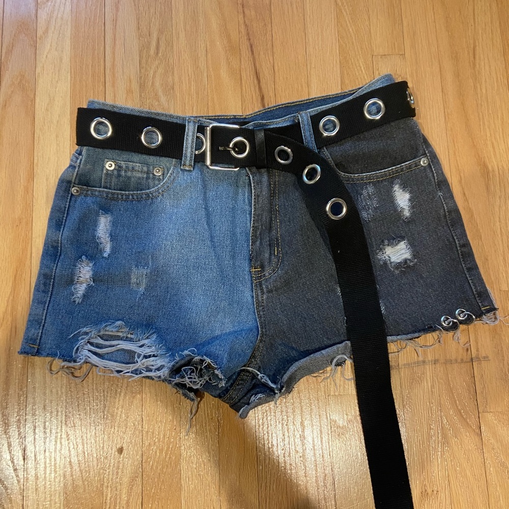 Trendy Blue and Black Jean Shorts with Belt and Metal Detailing.